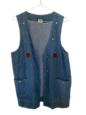 Vintage Women’s Denim Blue Vest Studded Pockets Ladybug Boho Festival Size Small